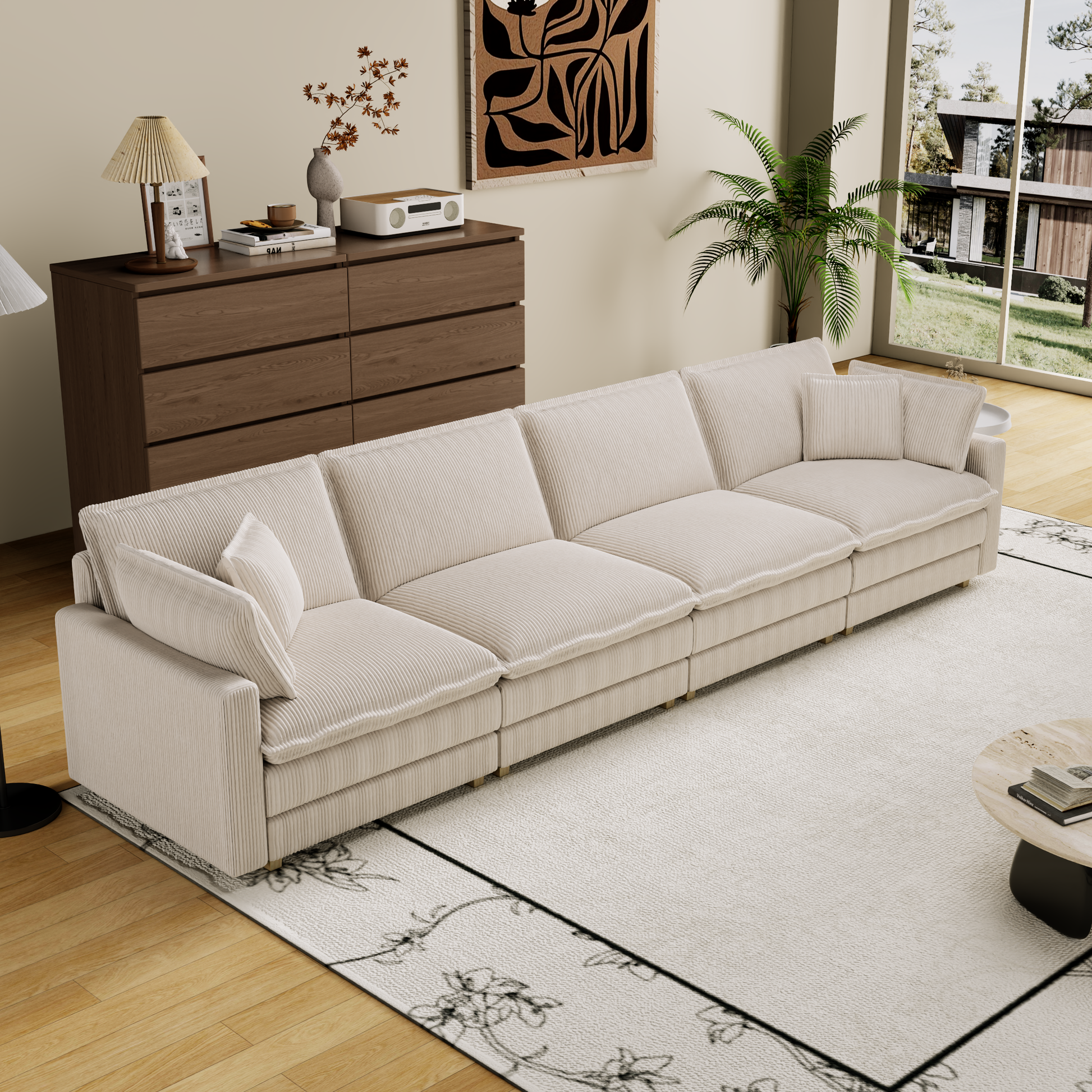 Cream corduroy sectional sofa with plush cushions perfect for modern living rooms