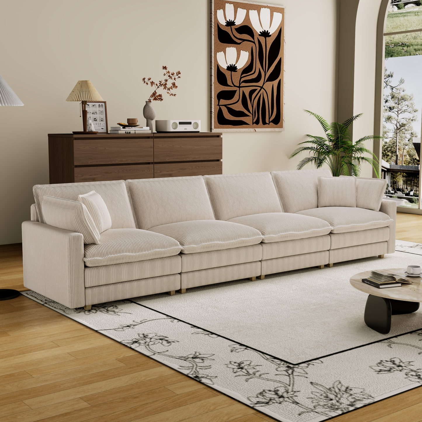 Beige corduroy sectional sofa with plush cushions and wooden legs