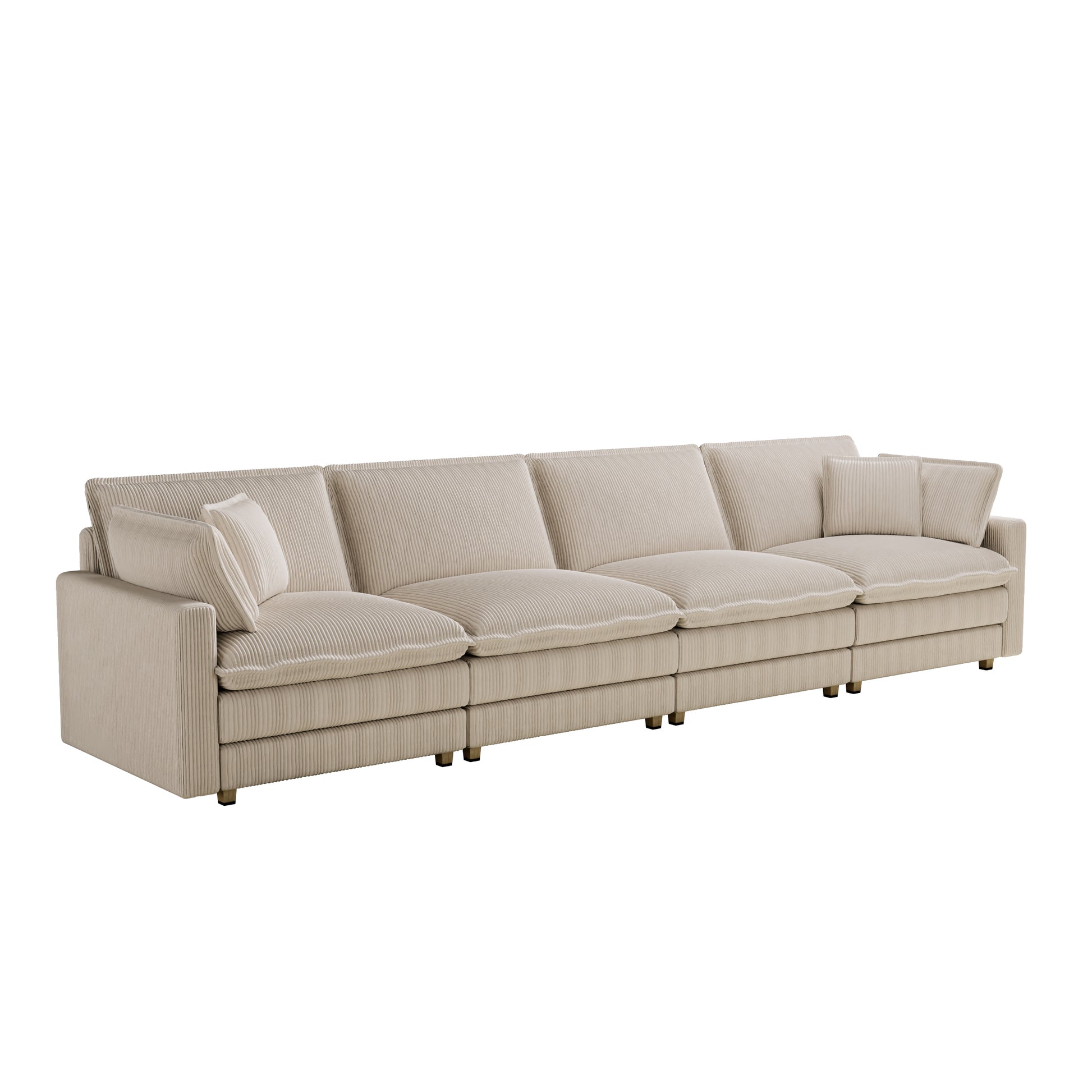Beige corduroy sectional sofa with plush cushions and minimalist design perfect for modern living rooms