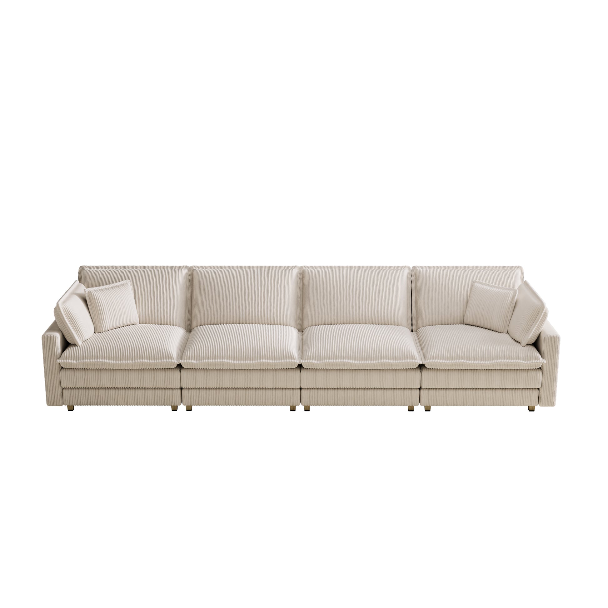Plush cream corduroy sectional sofa with two throw pillows modern living room furniture