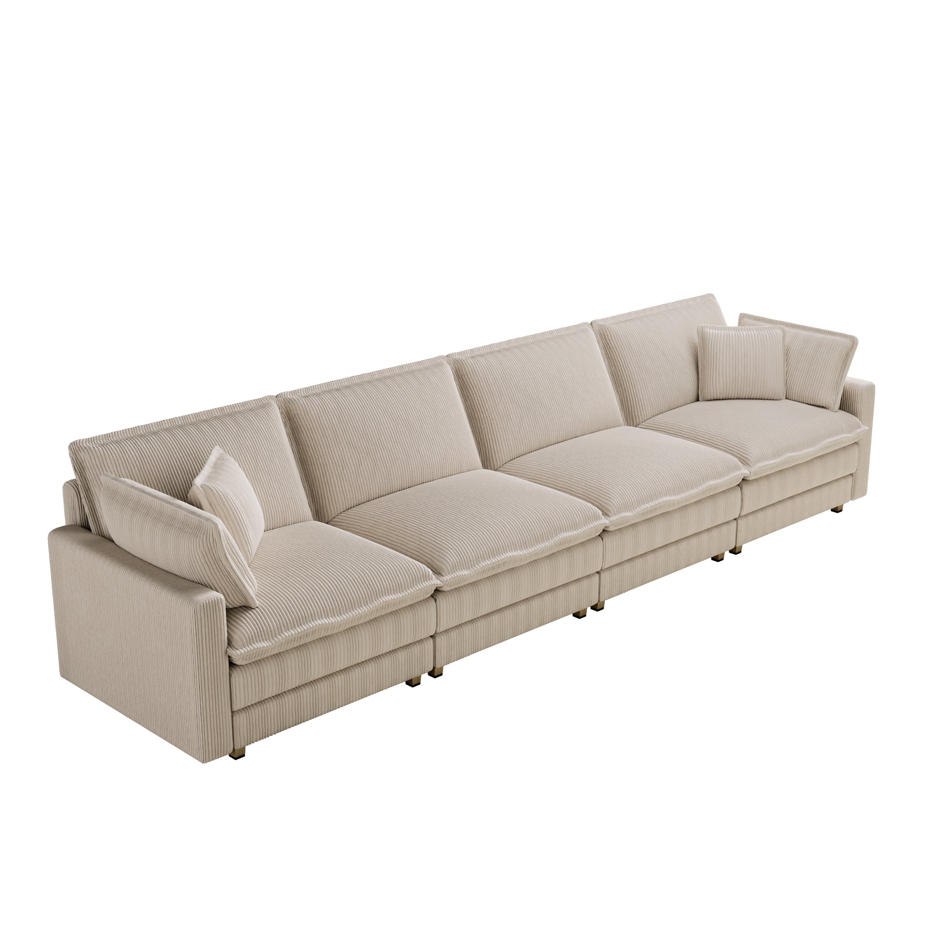 Beige corduroy sectional sofa with plush cushions and modern design
