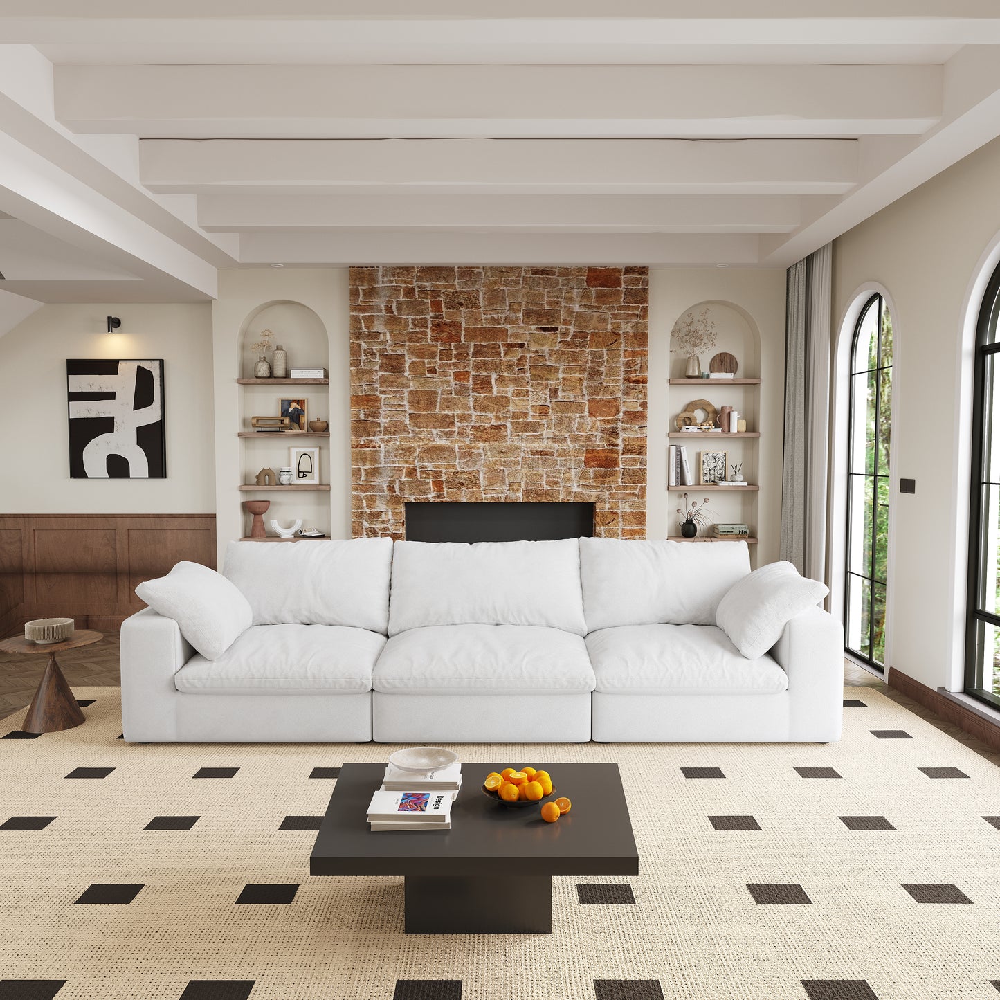 Plush white sectional sofa with deep seats and accent pillows in a modern living room