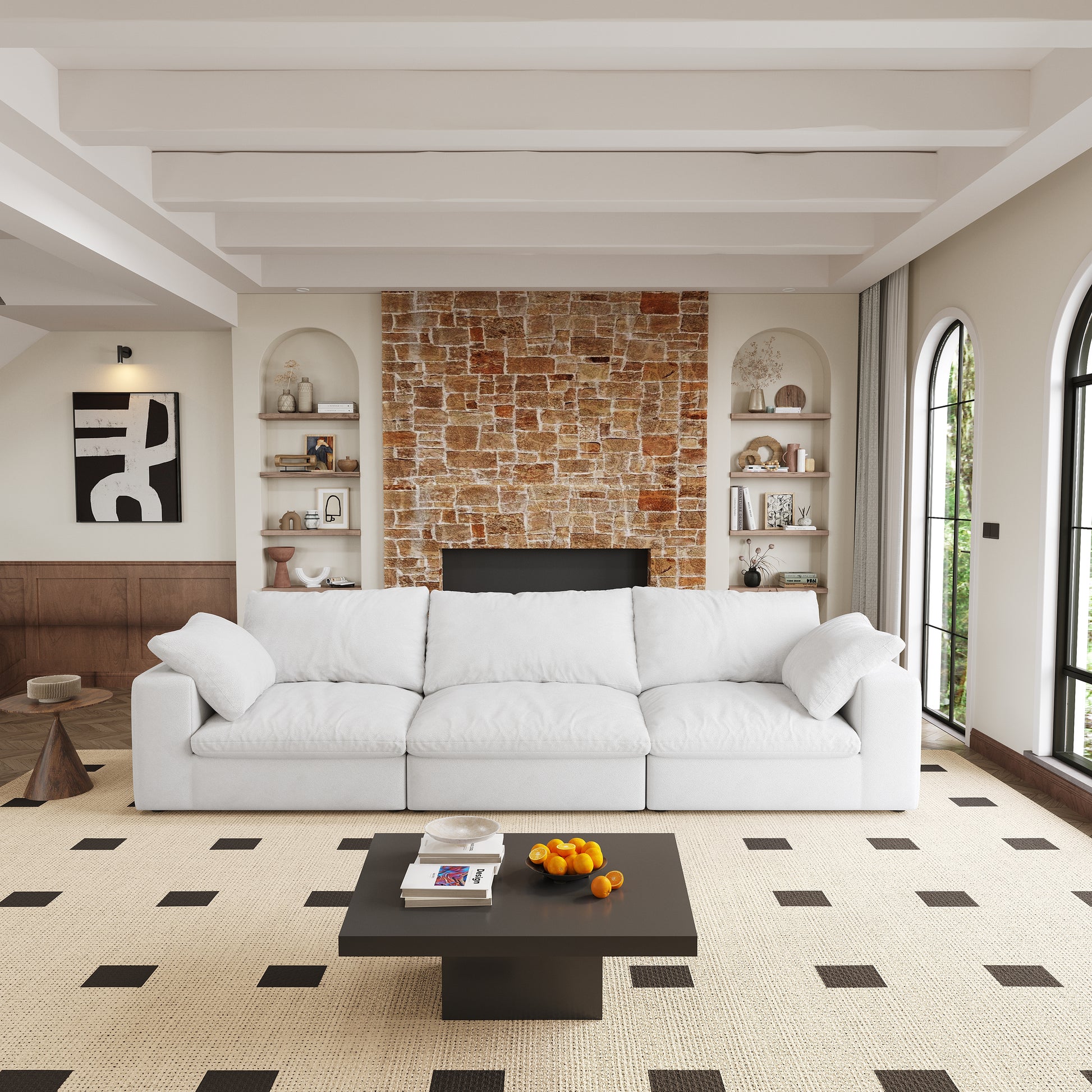 Plush white sectional sofa with deep seats and accent pillows in a modern living room