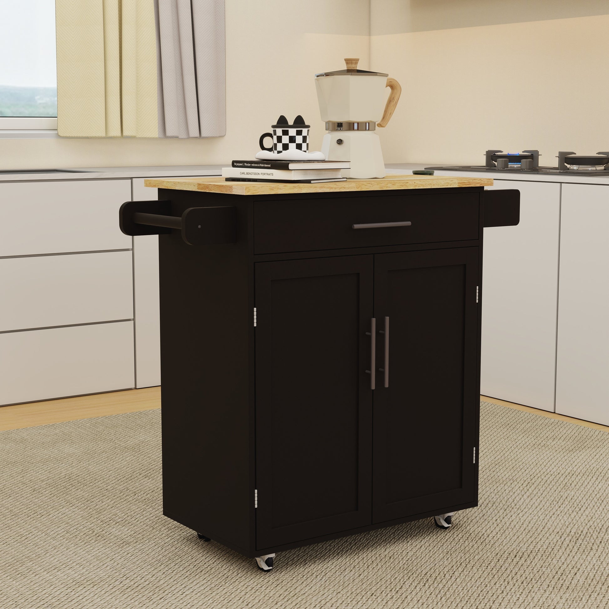 Black kitchen cart with wooden top two doors one drawer and side towel bar