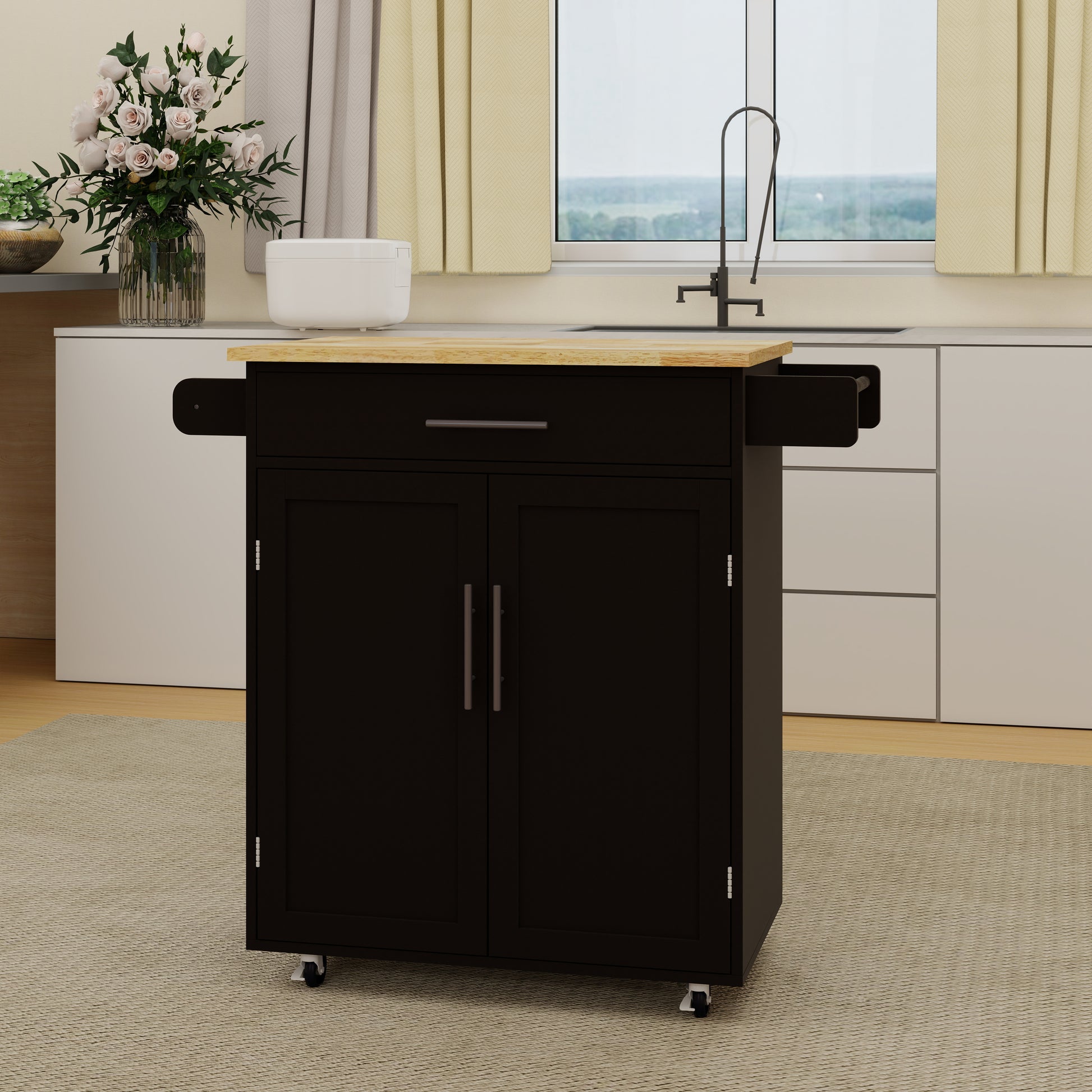 Dark brown kitchen island cart with wooden top and casters