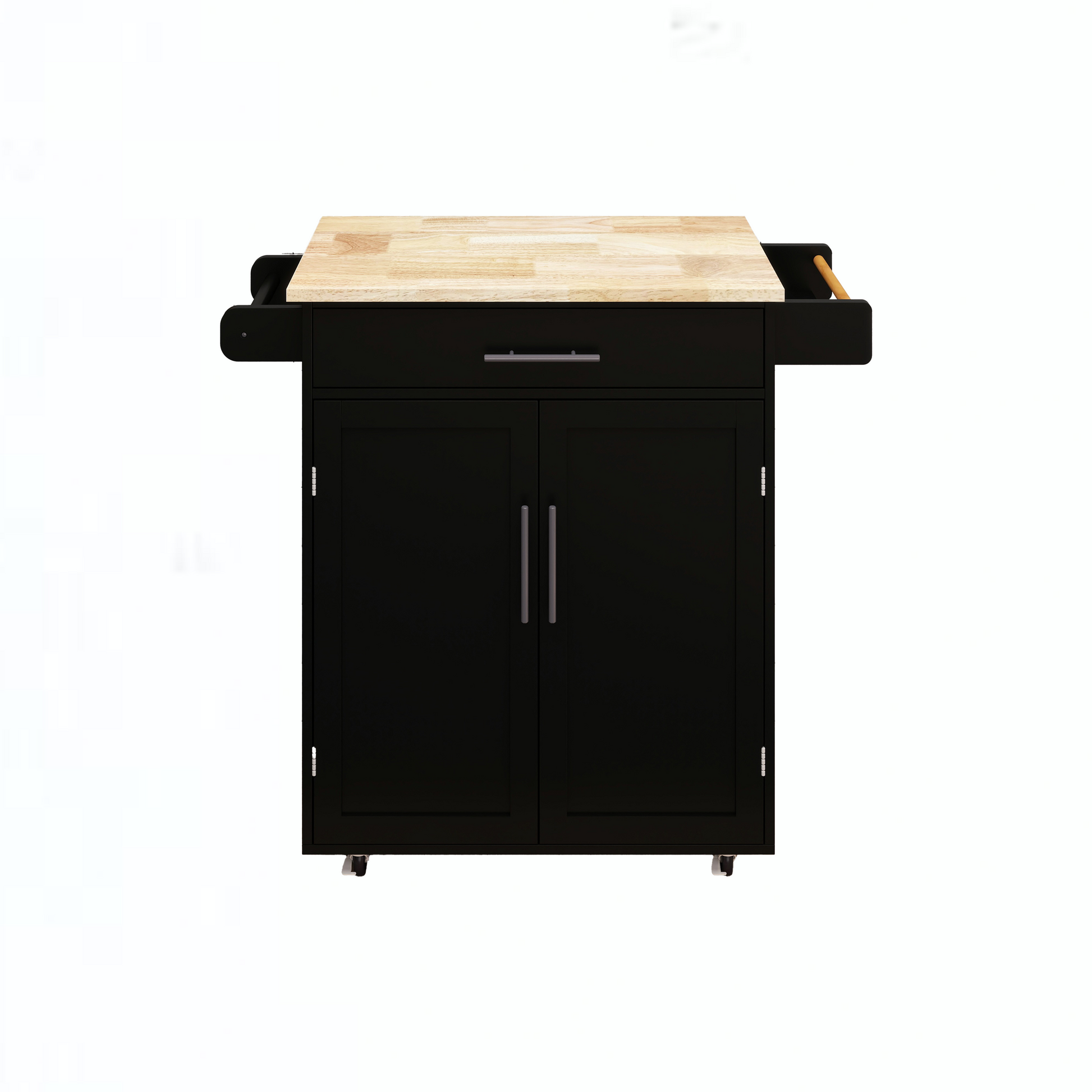 Black kitchen island cart with wooden butcher block top and silver handles