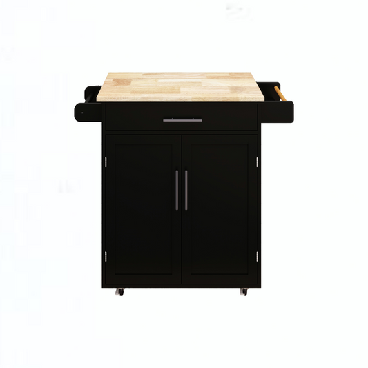 Black kitchen island cart with wooden butcher block top and silver handles