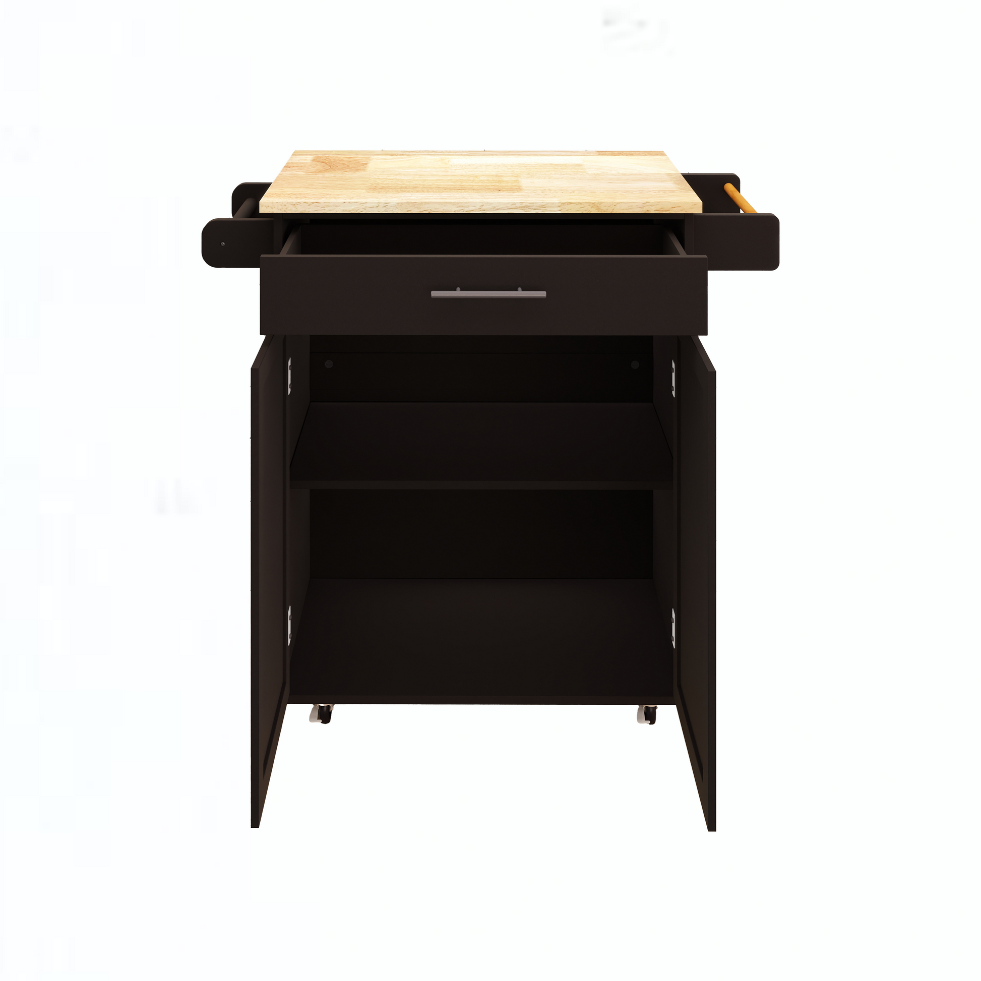 Dark brown kitchen island cart with butcher block top and open storage
