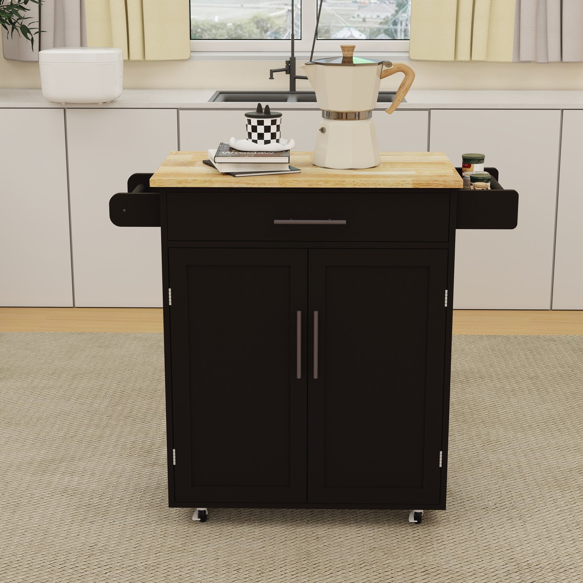 Dark brown kitchen cart with butcher block top and dual cabinet doors