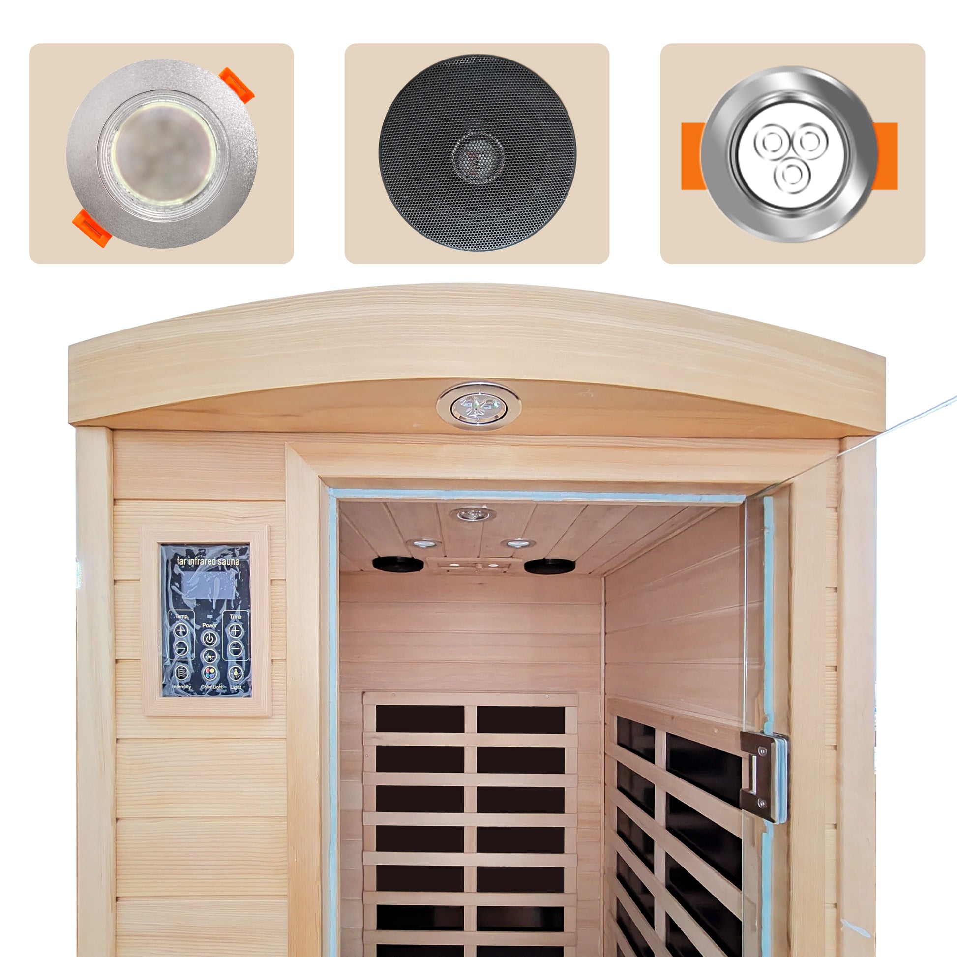 Round silver LED ceiling light with orange clips for easy installation
