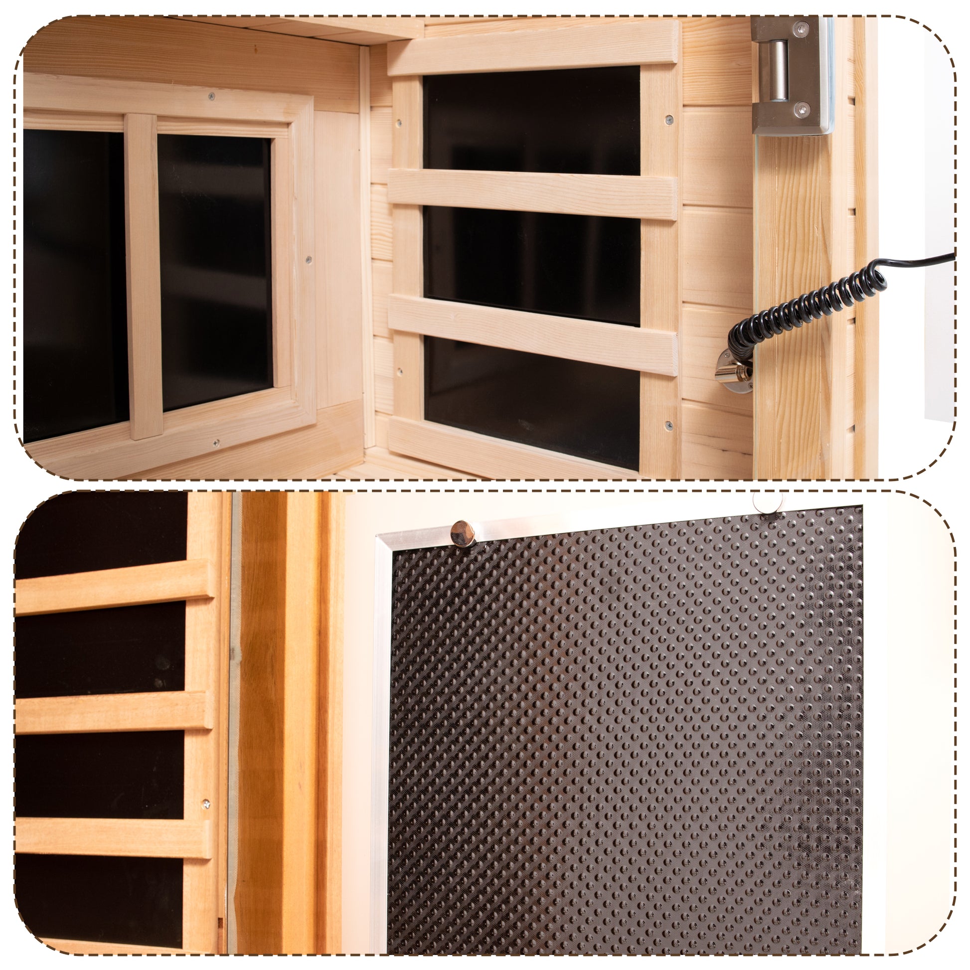 Closeup of a cedar wood sauna panel with black glass window frame