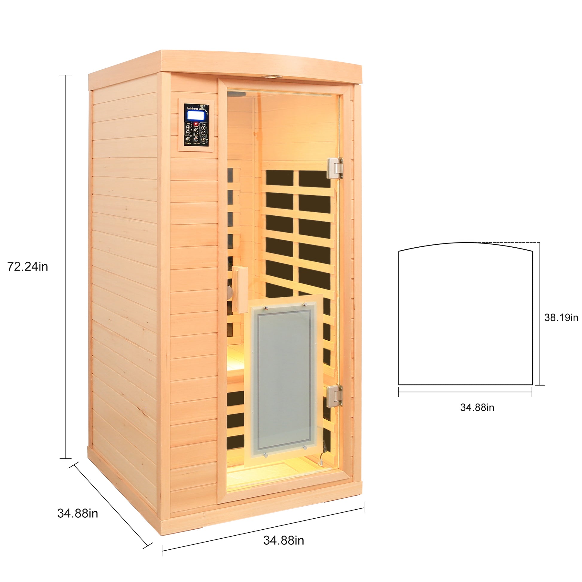 Light wood person infrared sauna with digital control panel and glass door