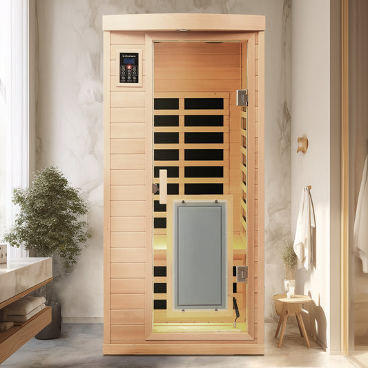Modern hemlock wood infrared sauna cabin with digital control panel and glass door for home spa