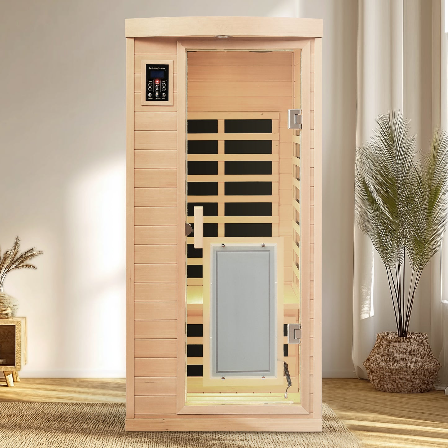 Modern person far infrared sauna with wooden interior and digital control panel for home spa