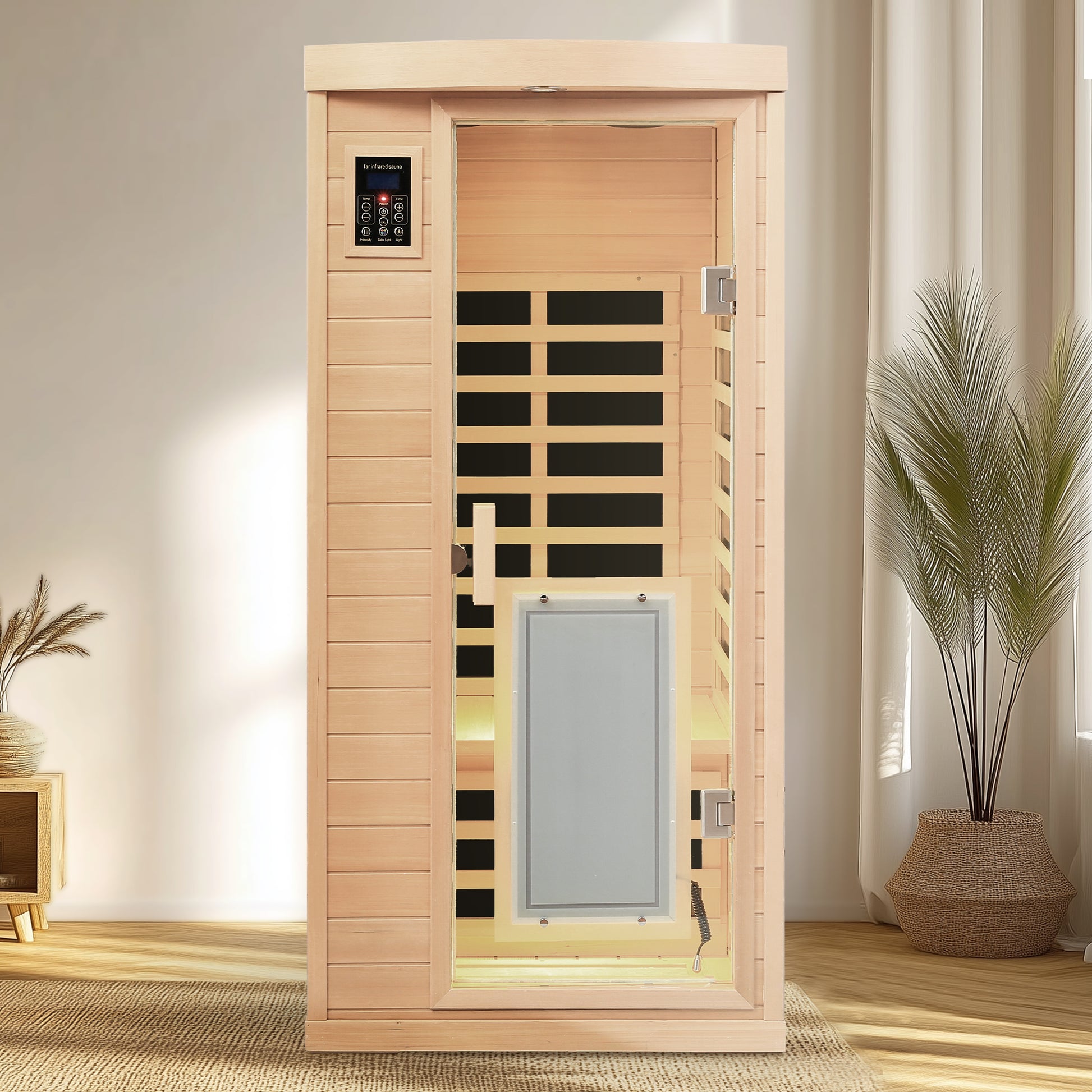 Modern person far infrared sauna with wooden interior and digital control panel for home spa