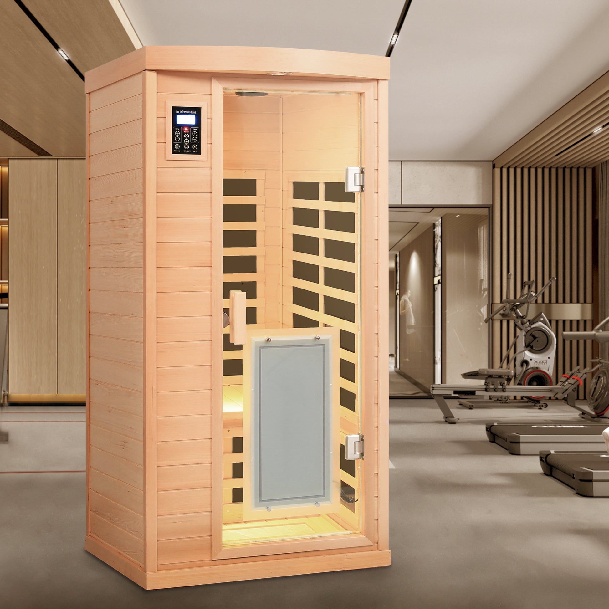 Wooden far infrared sauna cabin with glass door and digital control panel