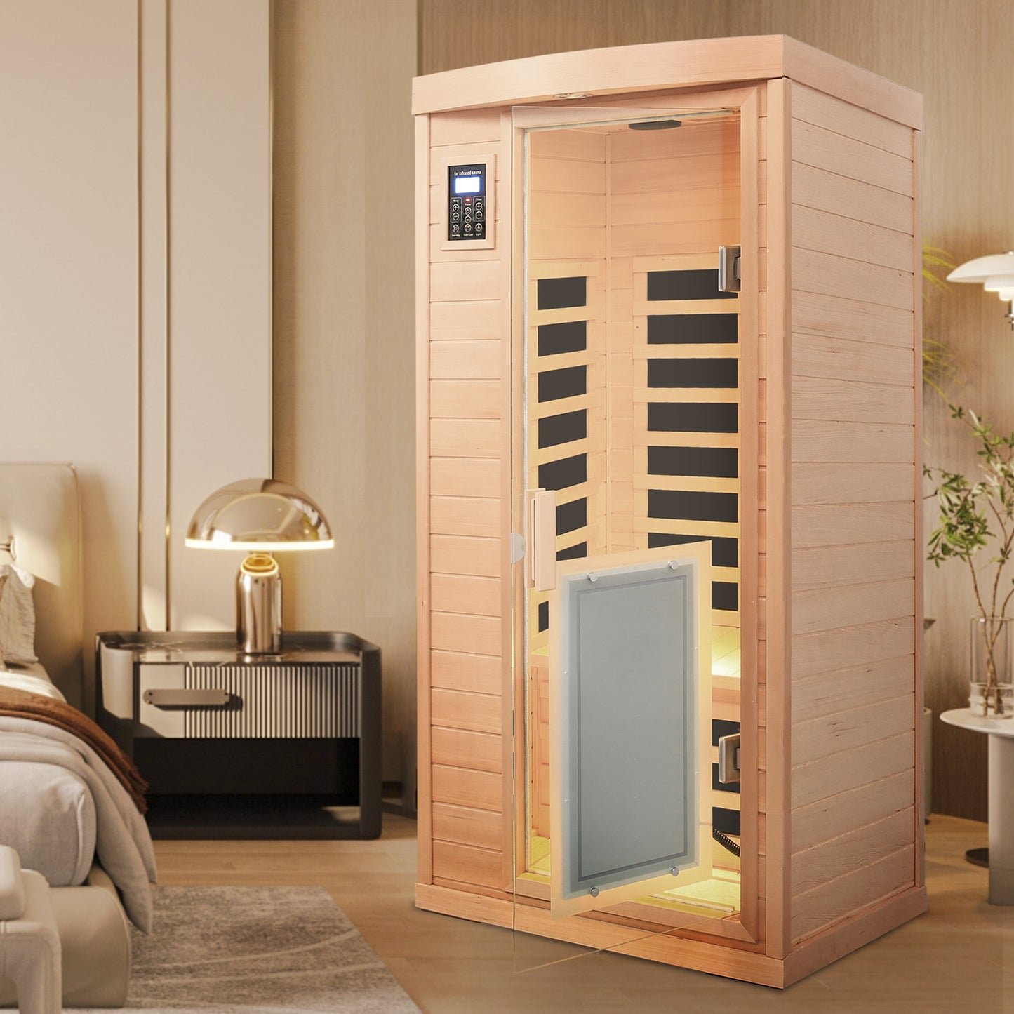 Luxurious person infrared sauna with wooden exterior and glass door