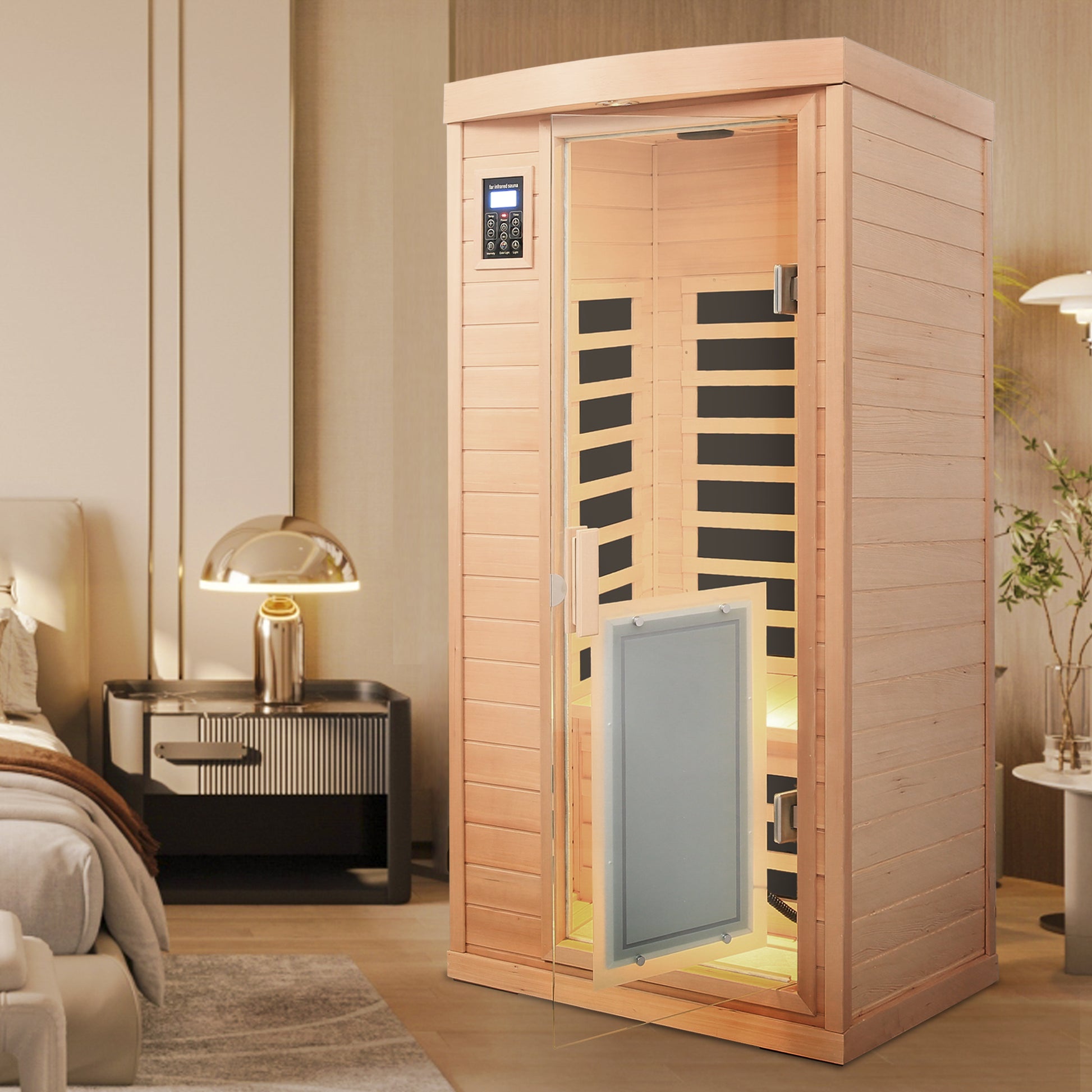 Luxurious person infrared sauna with wooden exterior and glass door