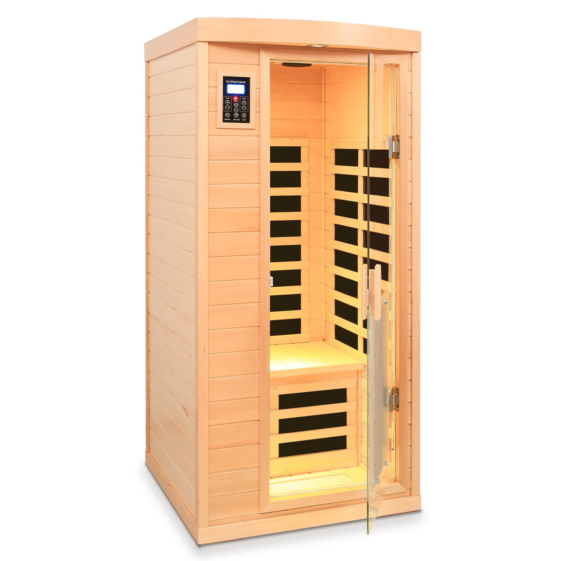 Natural wood person infrared sauna cabin with glass door and digital control panel