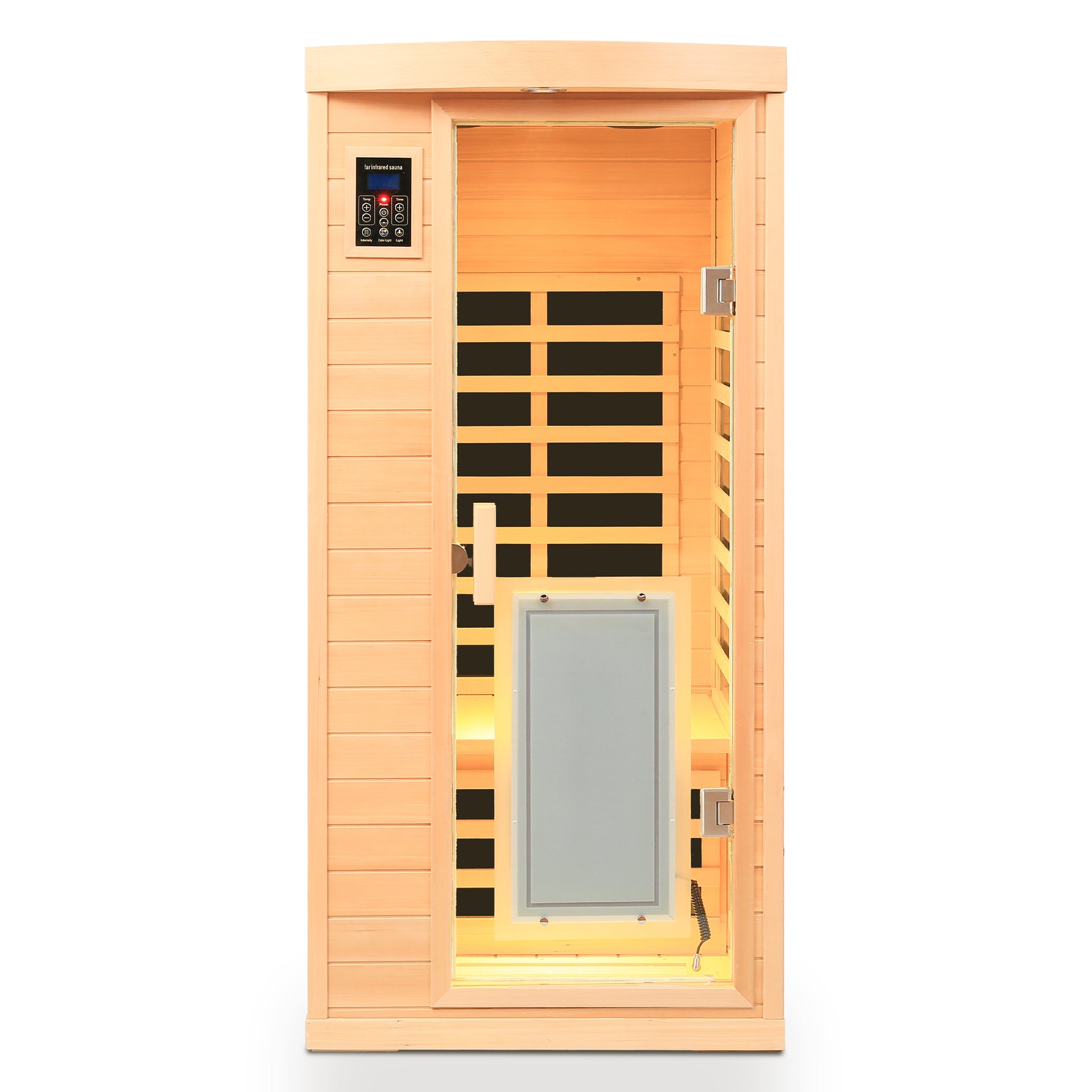 Interior view of a oneperson infrared sauna with wood paneling and digital control panel