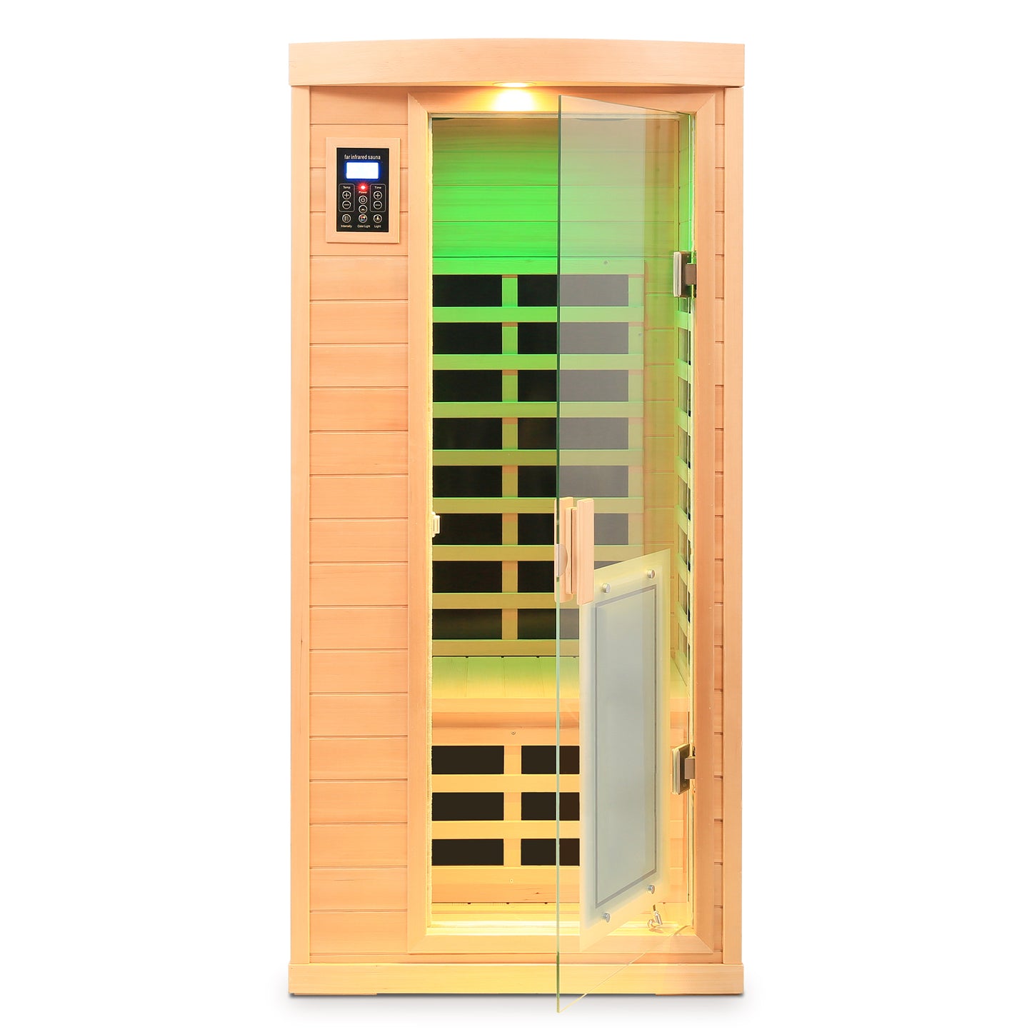 Compact wooden infrared sauna cabin with digital control panel and glass door