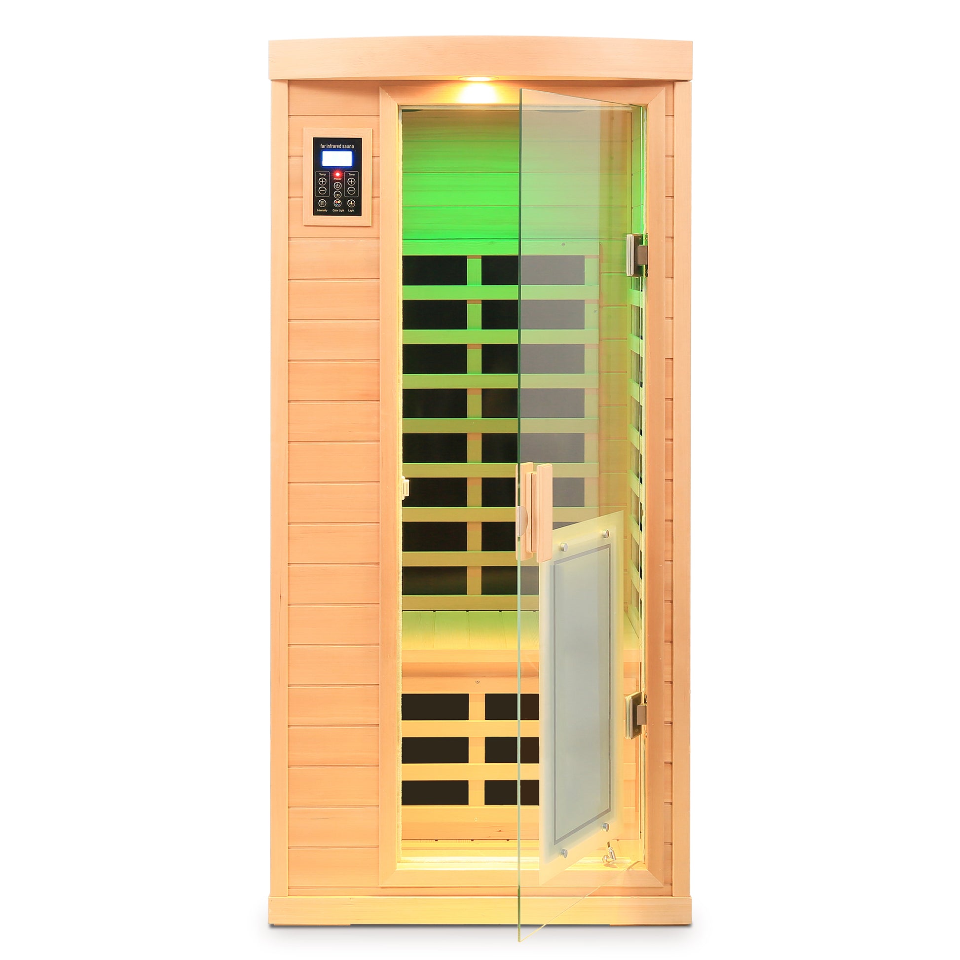 Compact wooden infrared sauna cabin with digital control panel and glass door