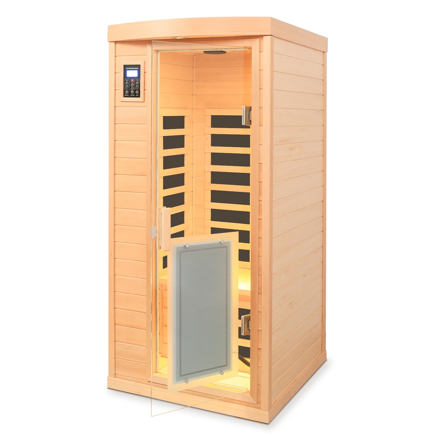 Compact wooden far infrared sauna with glass door and digital control panel