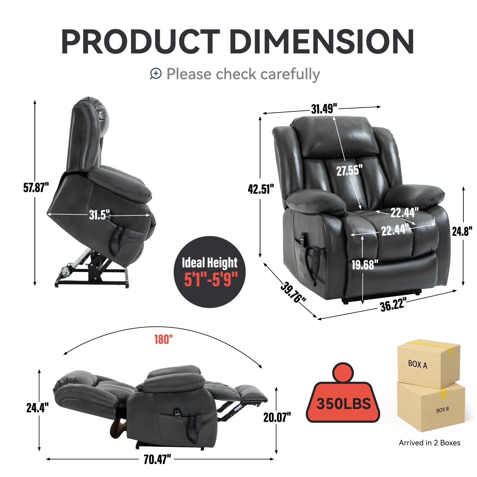 Black leather lift recliner chair with detailed dimensions for seating height and width
