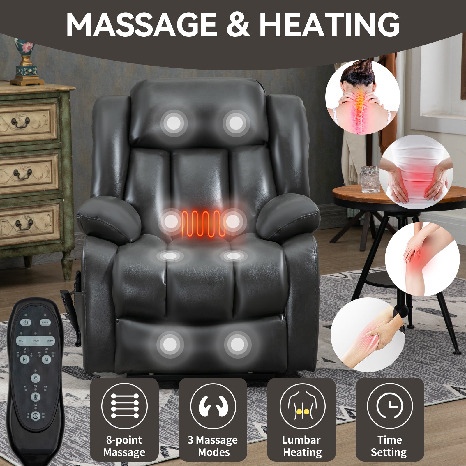 Black leather massage recliner with point massage and lumbar heating functions for ultimate relaxation