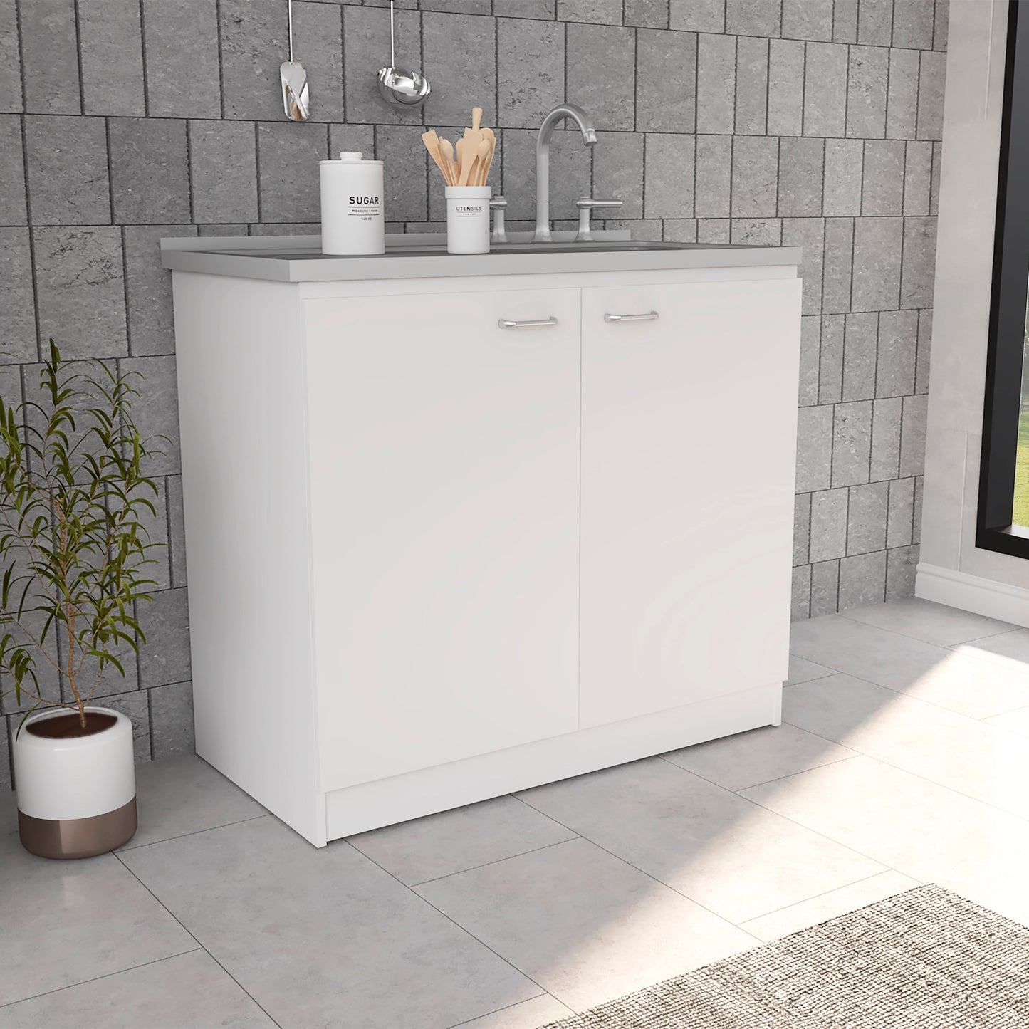 TREATLIFE HOME Freestanding Sink with Double Door Cabinet and Two Shelves, Practical Kitchen Storage Solution, White