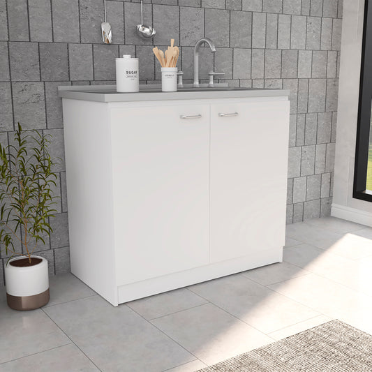 TREATLIFE HOME Freestanding Sink with Double Door Cabinet and Two Shelves, Practical Kitchen Storage Solution, White