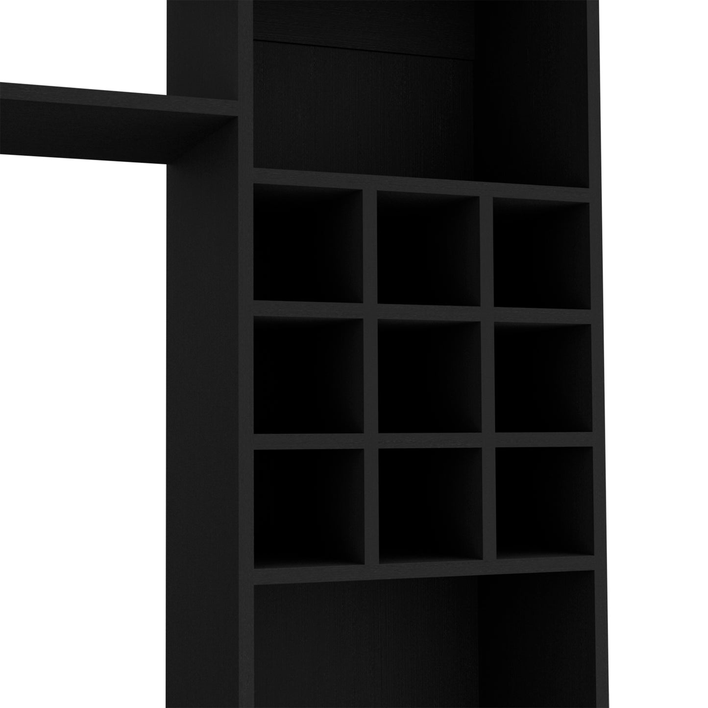 Modern black bookshelf with multiple cube compartments and a horizontal shelf