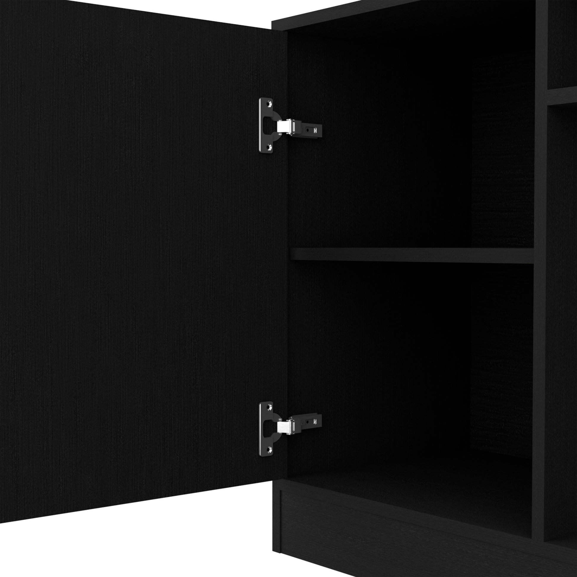 Black modern cabinet with open door and visible metal hinges showcasing interior shelves