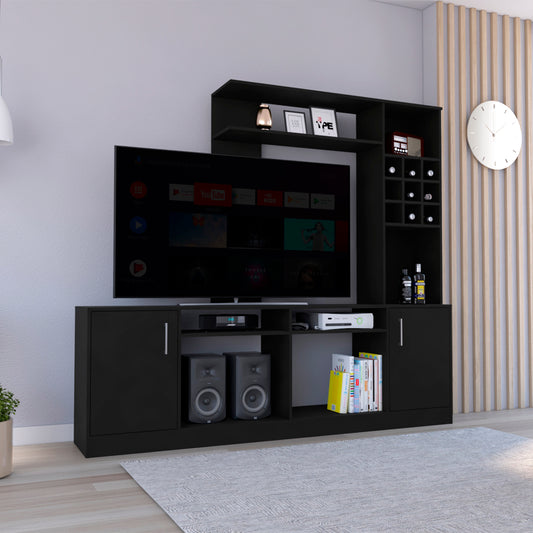 Sleek black entertainment center with a large TV wine rack and storage cabinets