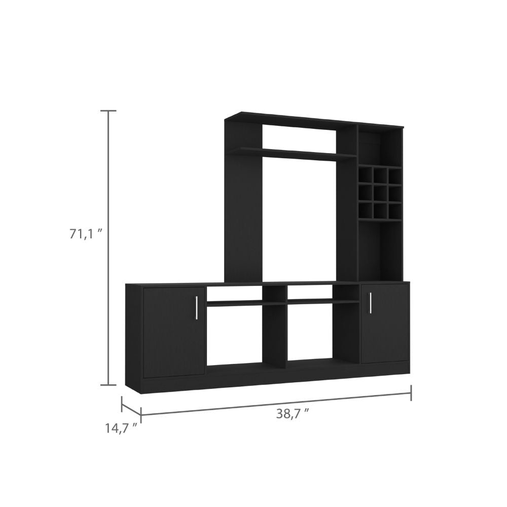 Black modern media console with wine rack and shelving