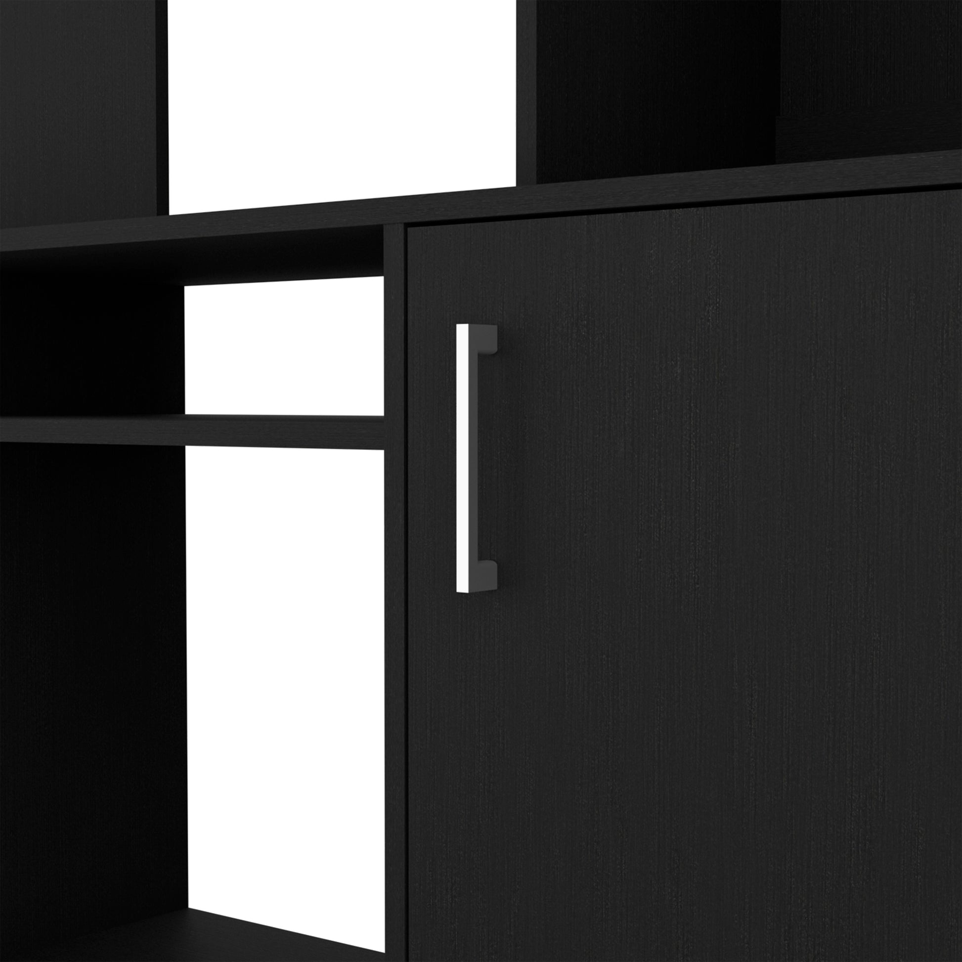 Modern black wood cabinet door with minimalist silver handle and open shelf