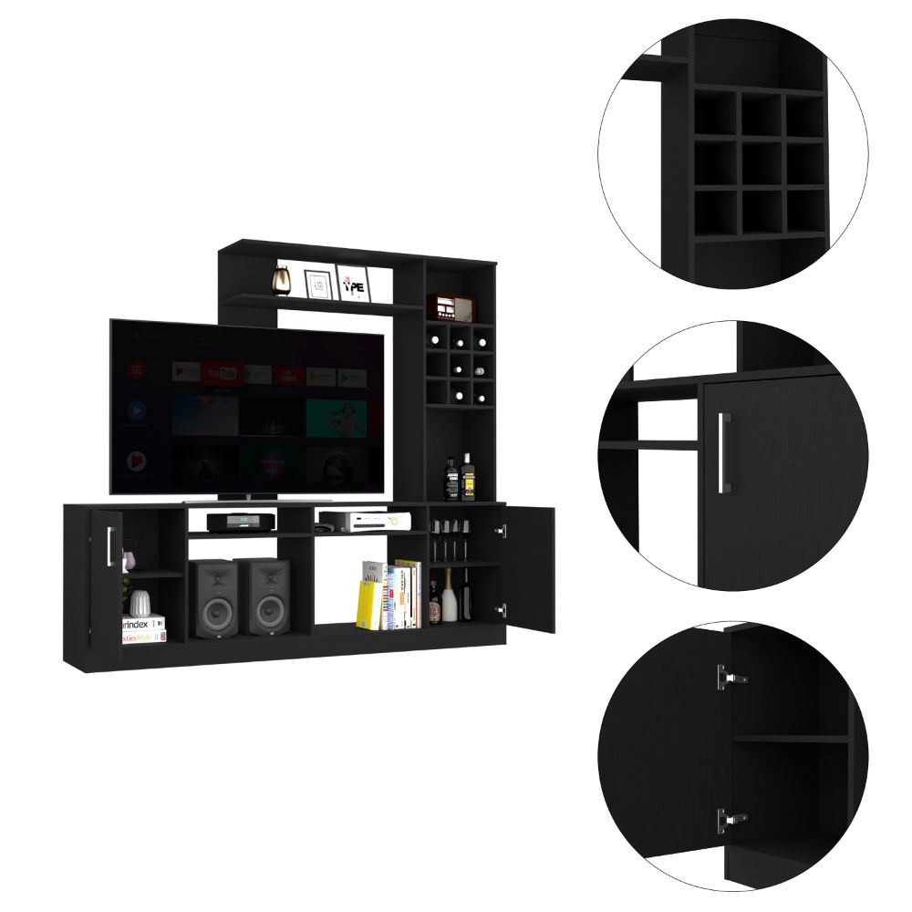 Modern black entertainment center with open shelves and cabinets for media storage