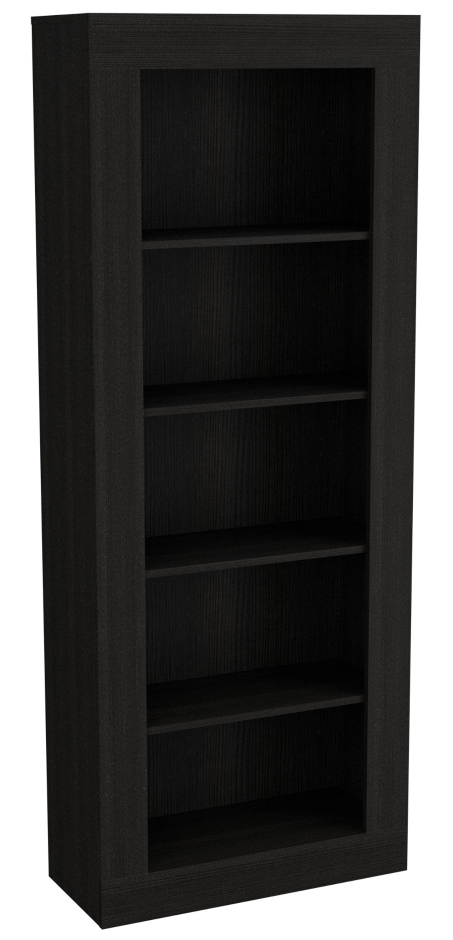 Sleek black particleboard bookshelf with five open shelves for modern home storage