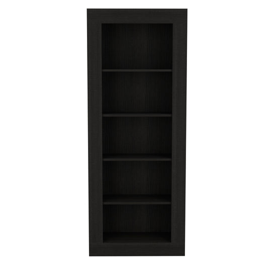 Tall narrow black bookshelf with five open shelves modern design for home organization