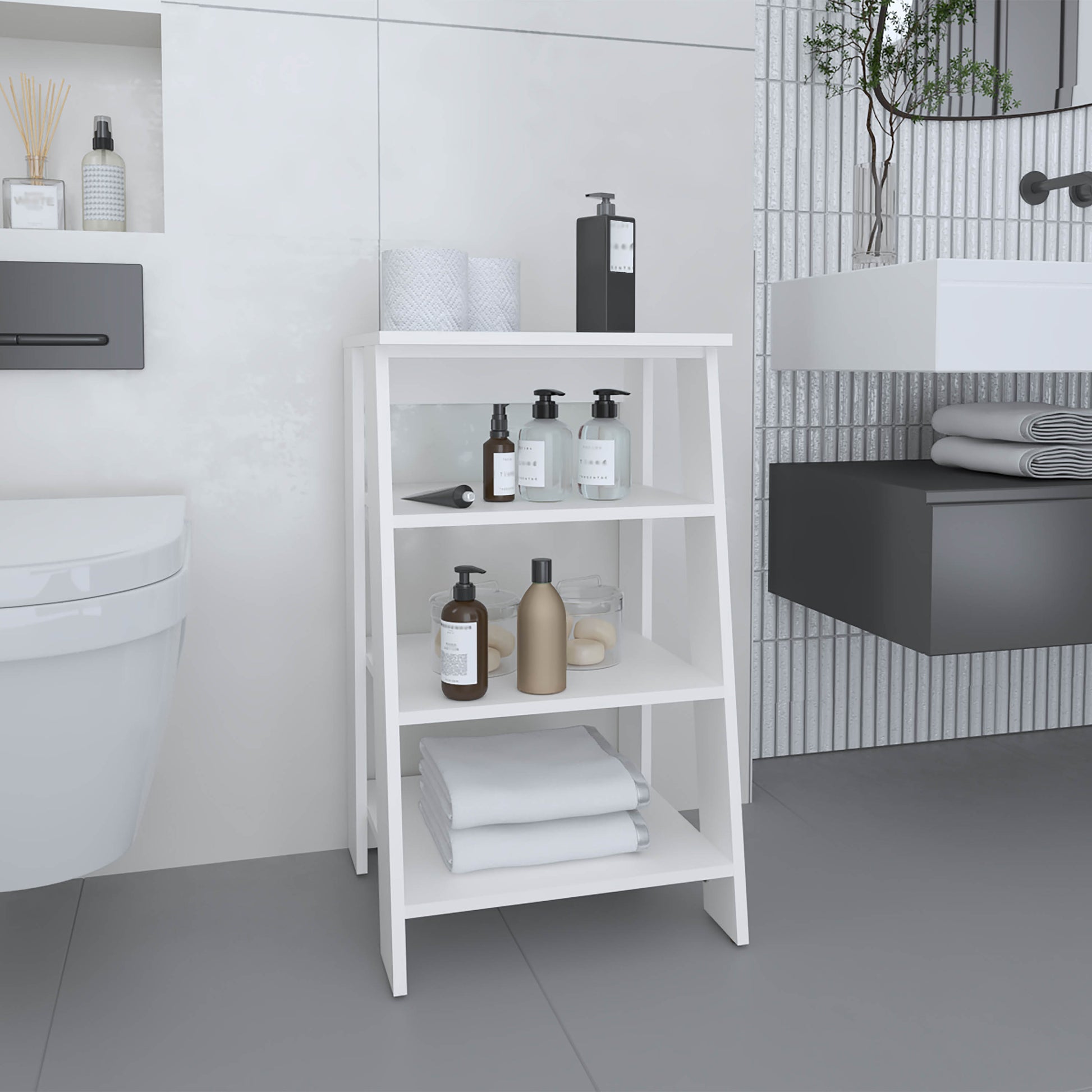 White wooden step shelf with soap dispensers and rolled towels for bathroom organization