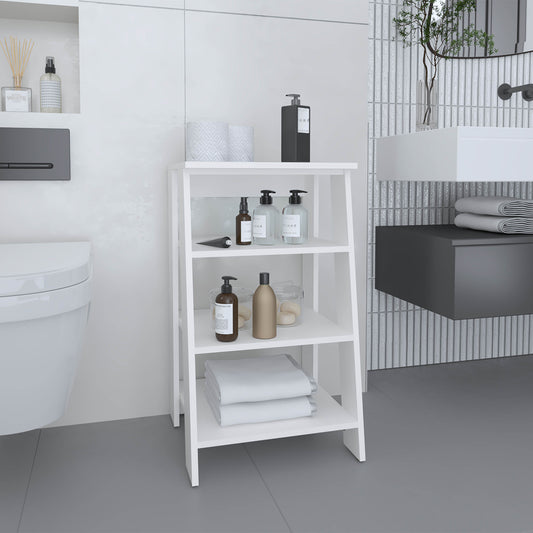 White wooden step shelf with soap dispensers and rolled towels for bathroom organization