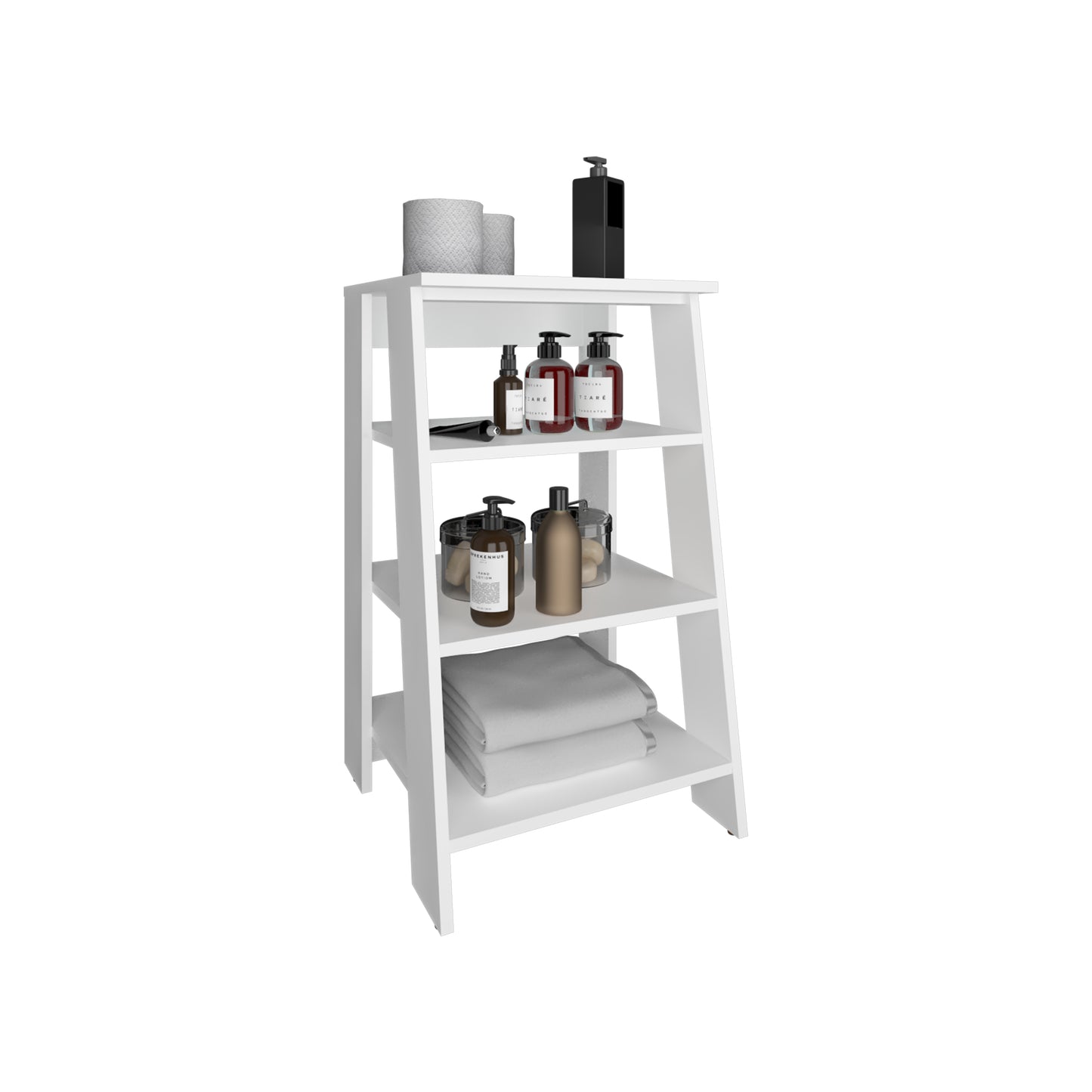 White tiered ladder shelf displaying bathroom essentials like lotion bottles and rolled towels