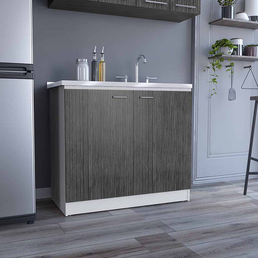 Modern grey wood grain cabinet sink with chrome faucet and white countertop