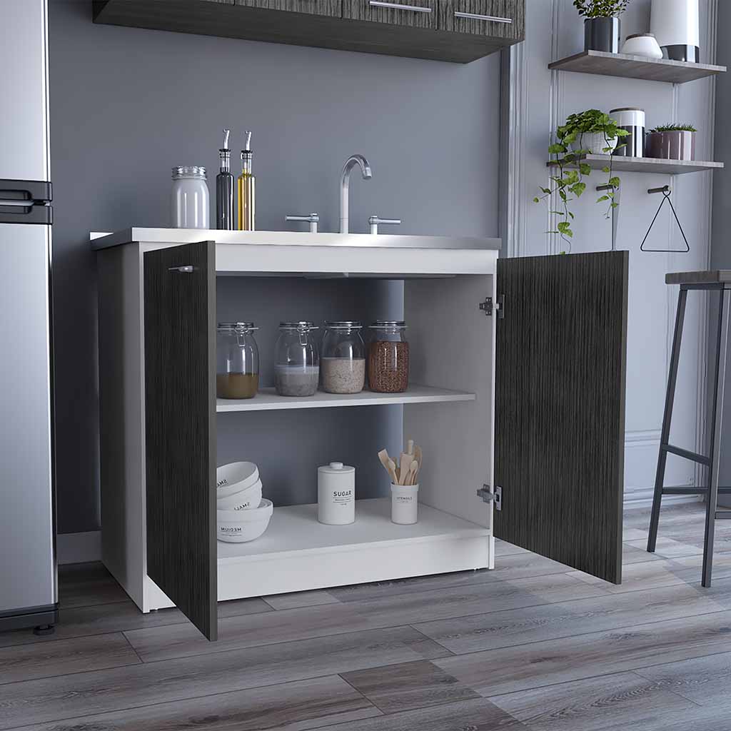 Compact kitchen cabinet with white countertop and dark wood doors holding jars and bowls