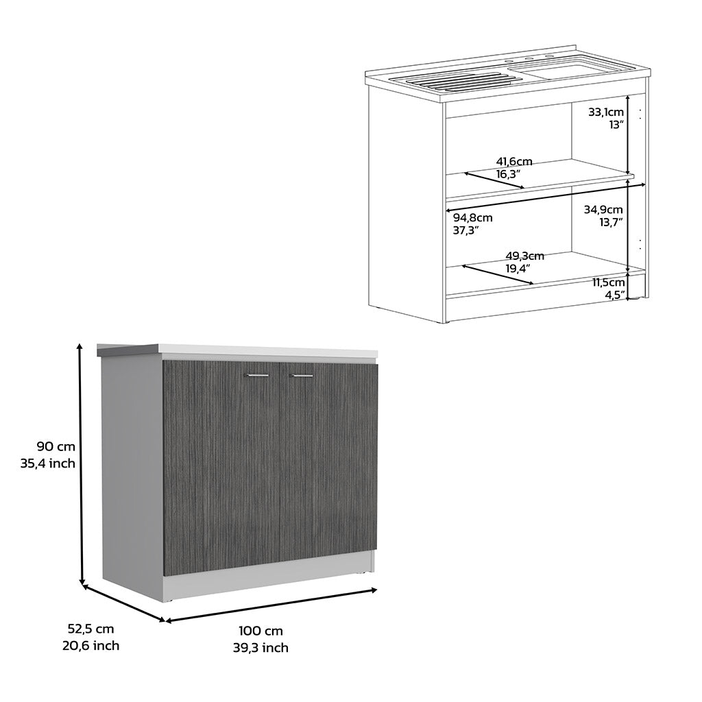Gray twodoor kitchen cabinet with wood grain front and white countertop