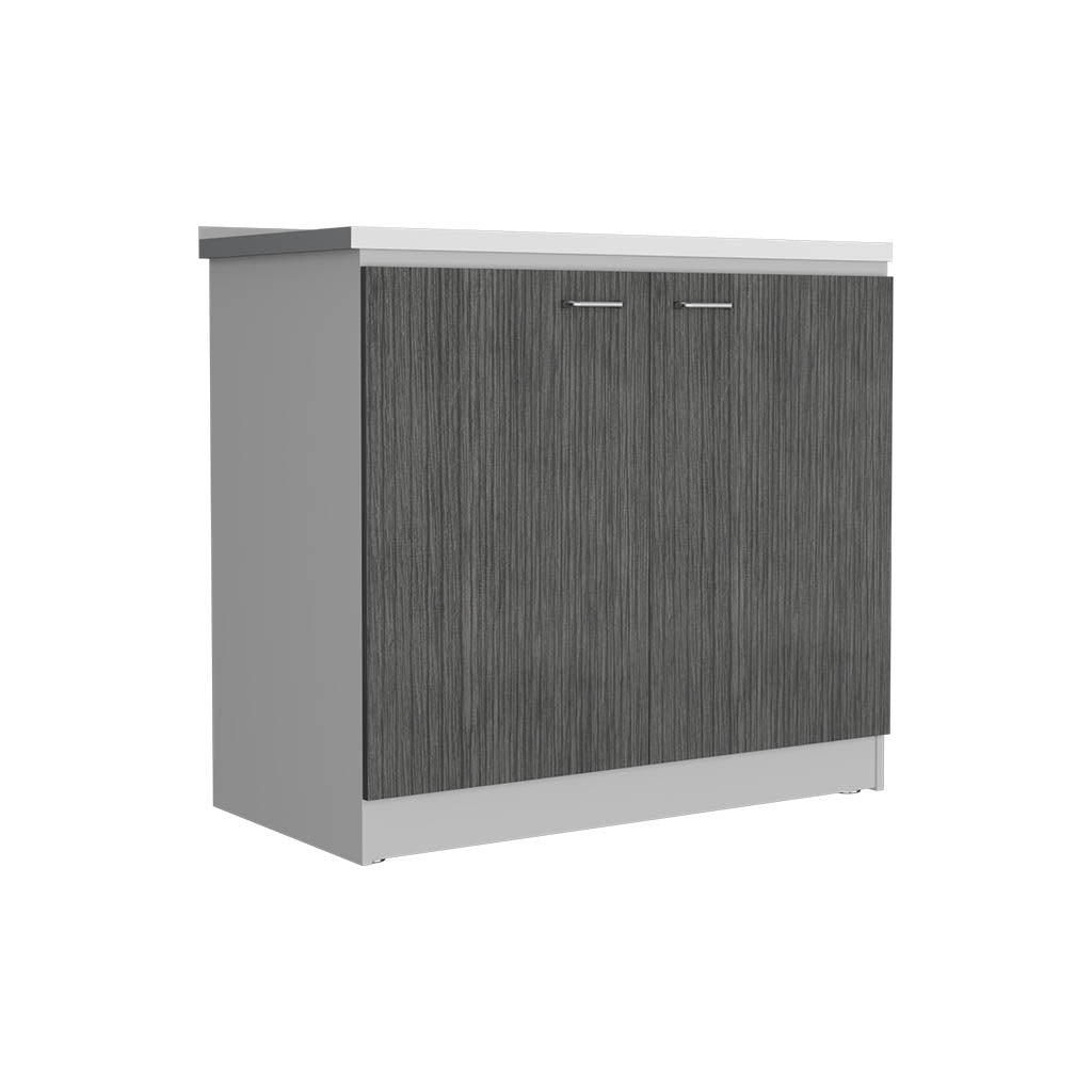 Gray wood grain cabinet with two doors and modern silver handles