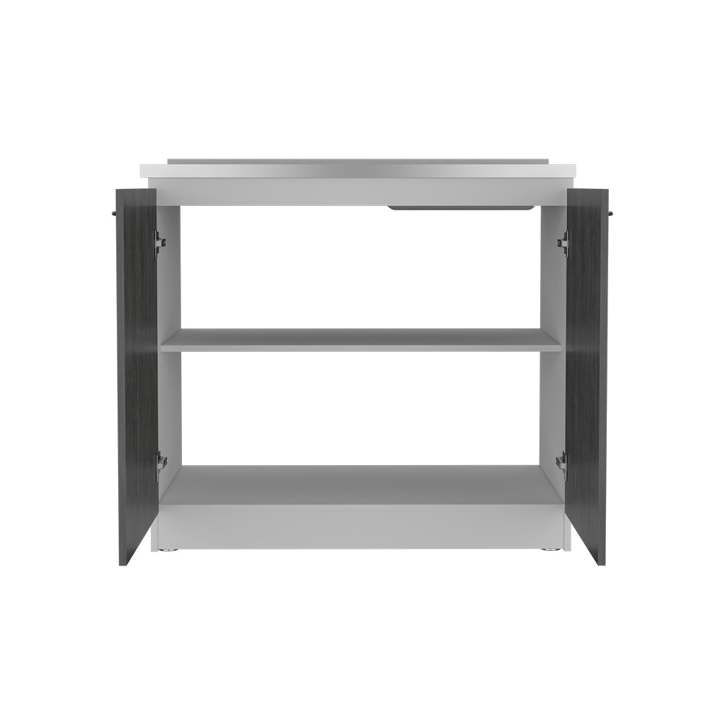 Modern white cabinet with dark wood doors two open shelves for storage