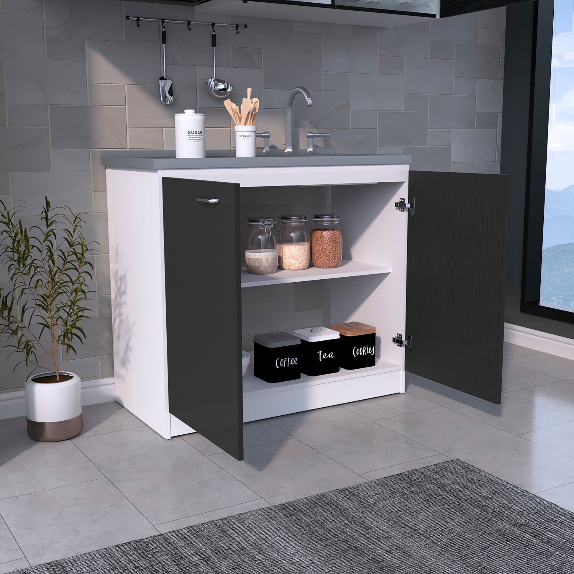 White and dark gray kitchen cabinet with open doors revealing pantry storage