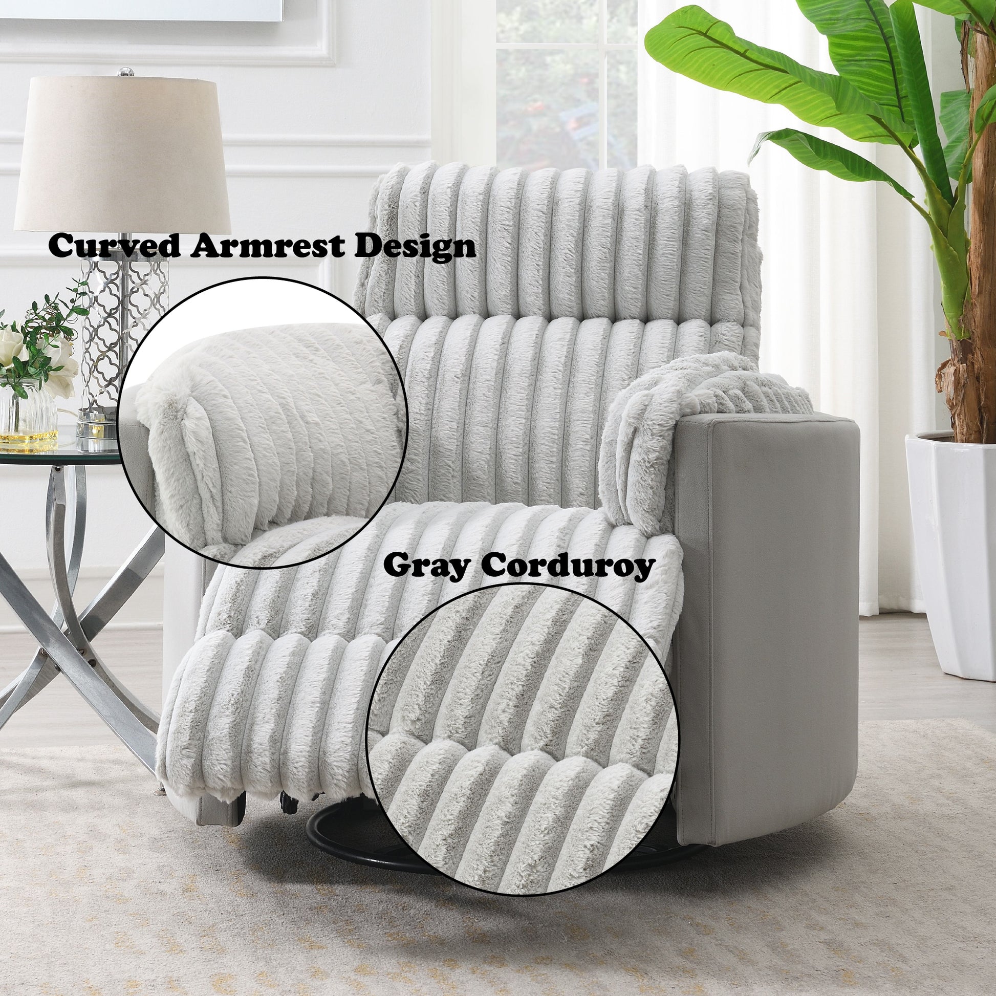 Plush gray corduroy recliner with curved armrests perfect for cozy living rooms