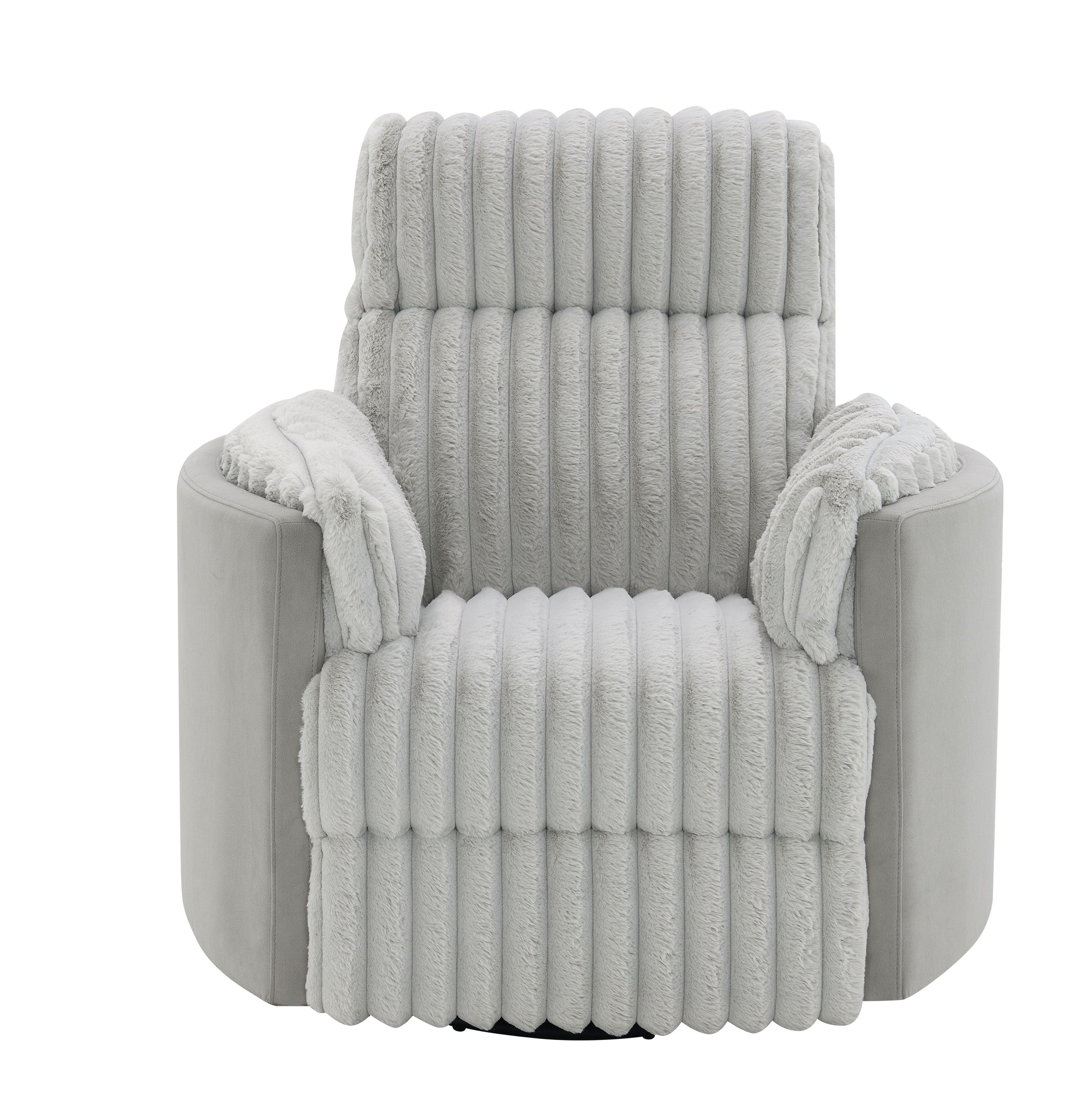 Plush gray swivel accent chair with plush ribbed upholstery and faux fur accents